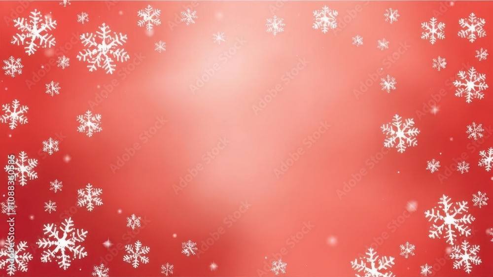 Christmas illustration featuring small snowflakes on red gradient background, festive