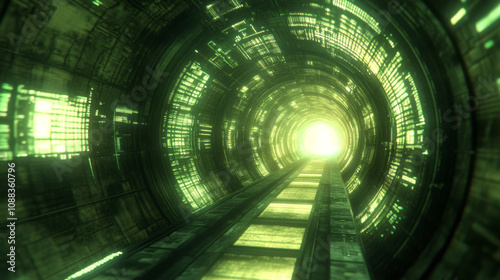 A looping 3D animation of a green neon tunnel with a rhythmic, cybernetic piston effect.