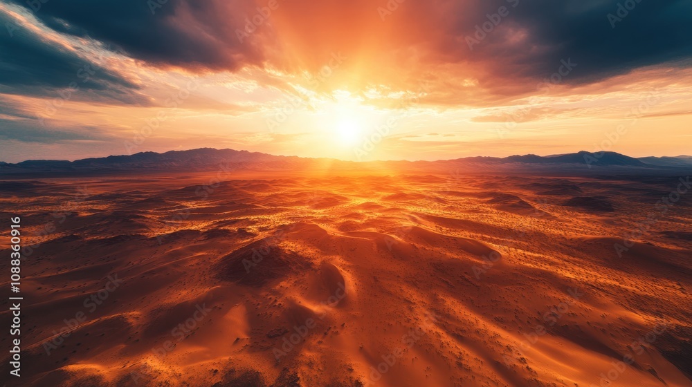 Desert Landscape at Sunset Highlighting Arid Conditions and Vulnerability of Natural Ecosystems with Dramatic Light and Expansive Dunes Desert Landscape at Sunset Highlighting Arid Conditions and Vulnerability of Natural Ecosystems with Dramatic Light and Expansive Dunes