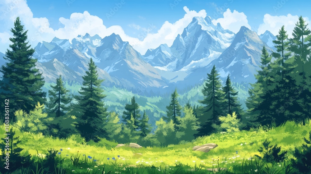 Fototapeta premium Vibrant summer landscape showcasing lush green hills, towering trees, and majestic mountains, ideal for nature enthusiasts seeking peaceful outdoor escapes.