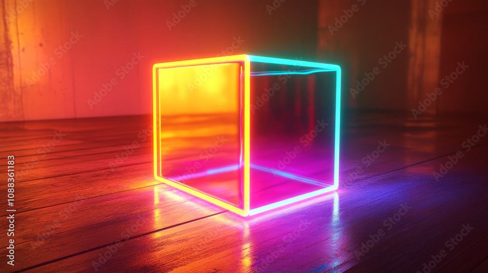 A colorful, 3D animation of a neon cube. A colorful, 3D animation of a neon cube.