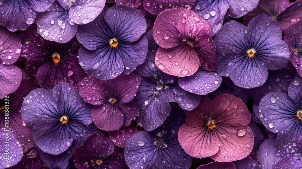 Vibrant Purple and Pink Pansies with Dew Drops Creating a Stunning Floral Background Vibrant Purple and Pink Pansies with Dew Drops Creating a Stunning Floral Background