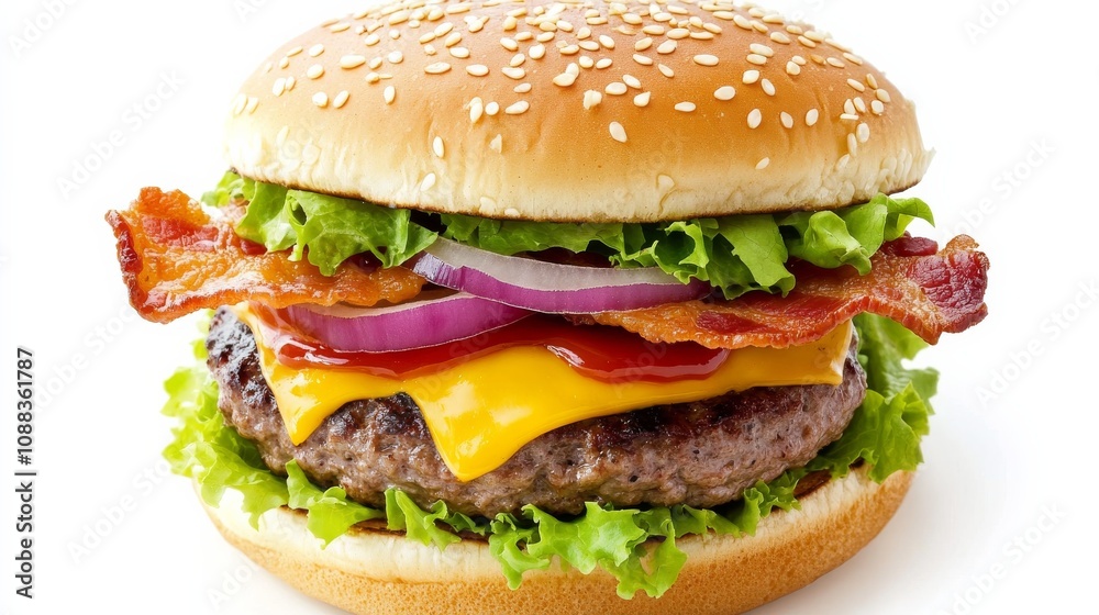 A classic bacon cheeseburger with a juicy beef patty, crispy bacon, melted cheddar cheese A classic bacon cheeseburger with a juicy beef patty, crispy bacon, melted cheddar cheese