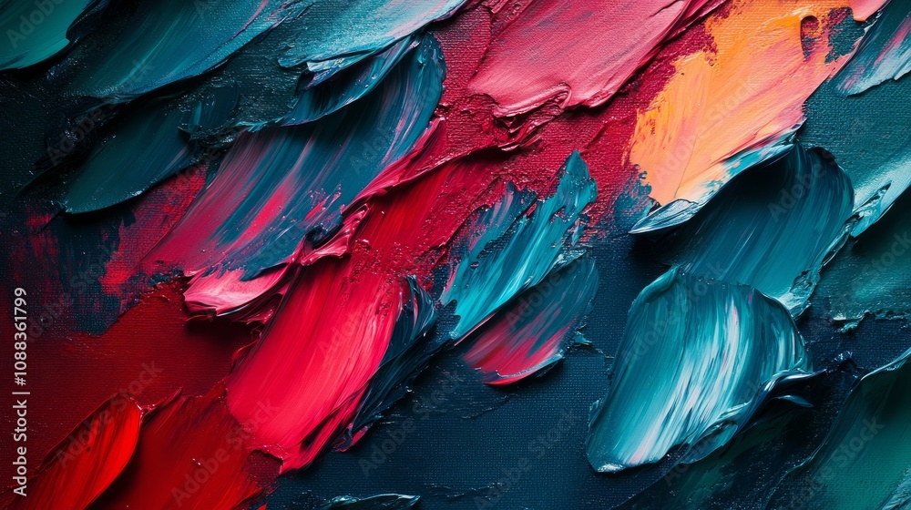 Obraz premium Abstract textured background with bold strokes of red, blue, and orange paint.
