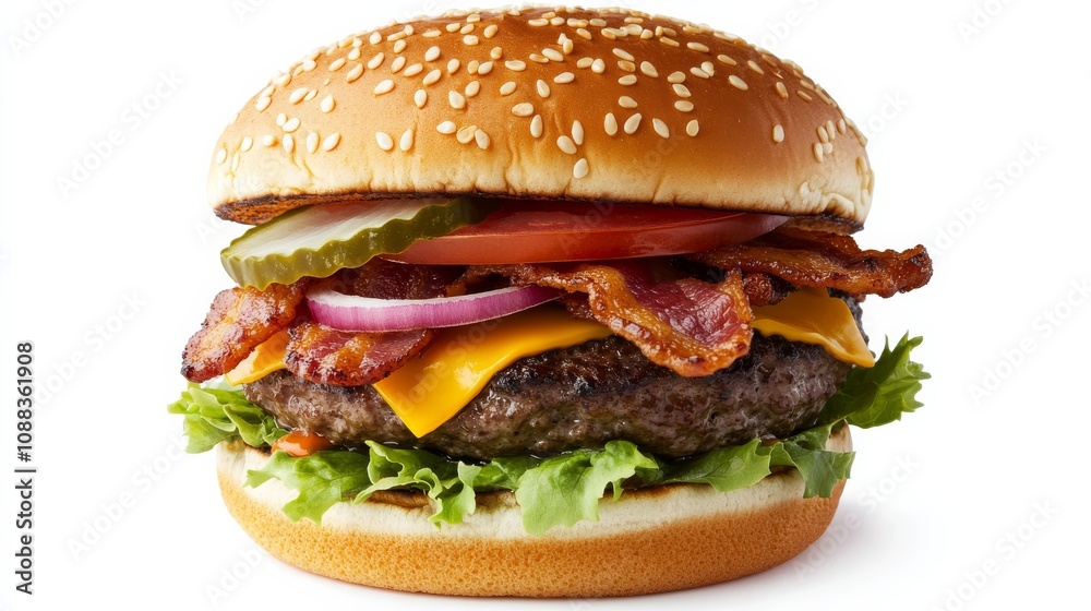 A classic bacon cheeseburger with a juicy beef patty, crispy bacon, melted cheddar cheese A classic bacon cheeseburger with a juicy beef patty, crispy bacon, melted cheddar cheese