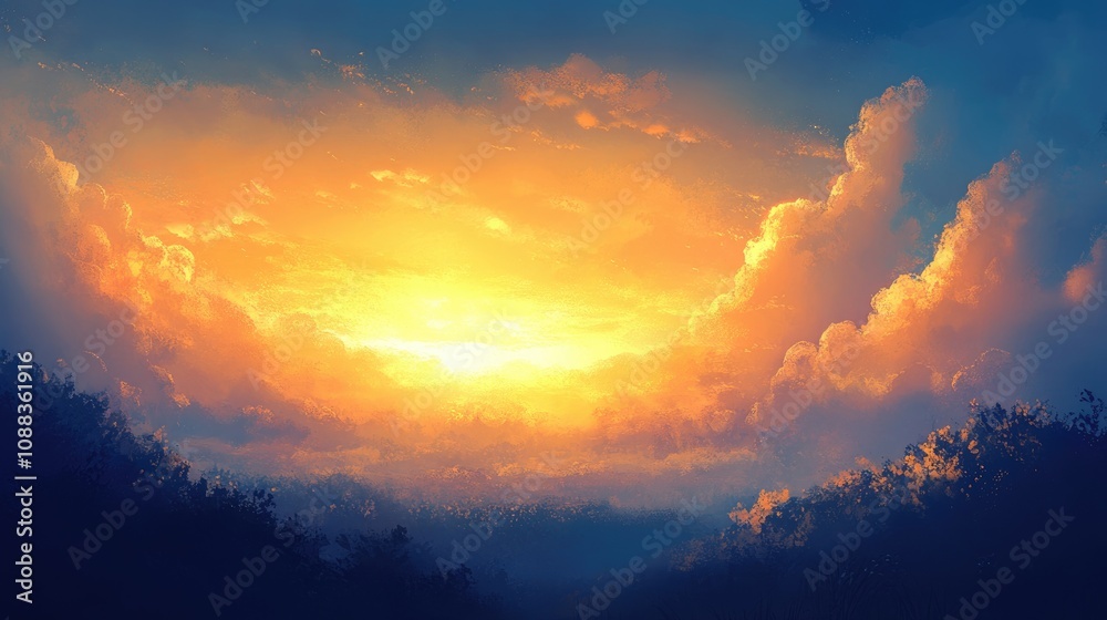 Fototapeta premium Dramatic orange sunset illuminates fluffy clouds against a deep blue sky, creating a breathtaking and serene nature backdrop.