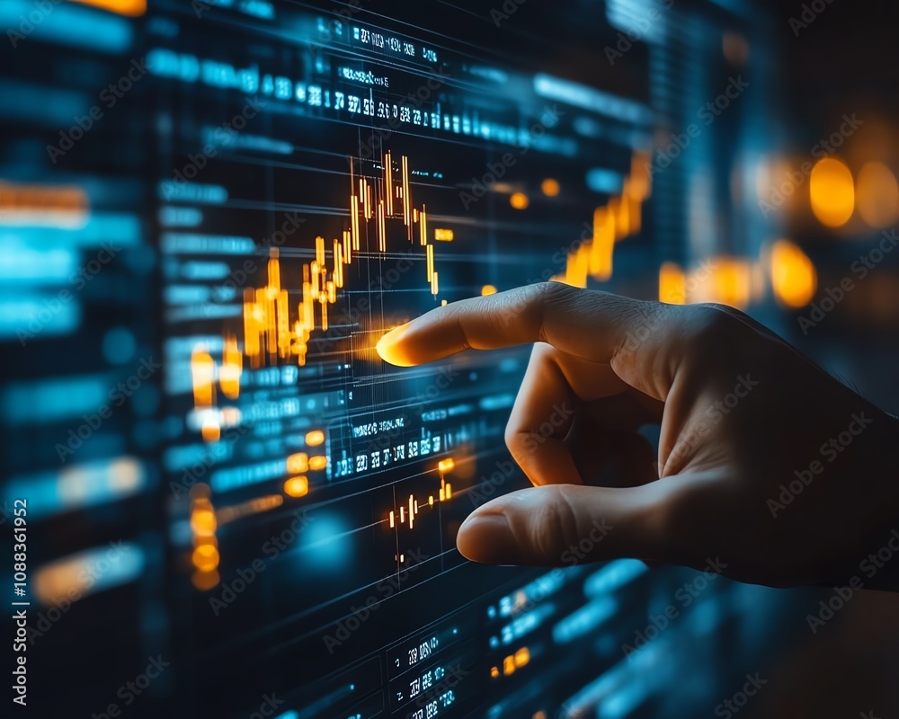 Closeup of businessman hand pointing at glowing blurry candlestick forex chart, blurry office background, financial trends, market analysis, double exposure Closeup of businessman hand pointing at glowing blurry candlestick forex chart, blurry office background, financial trends, market analysis, double exposure