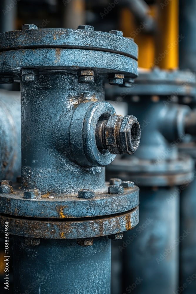 Industrial Metal Pipe System with Rusty Bolts and Flanges in a Factory Setting Industrial Metal Pipe System with Rusty Bolts and Flanges in a Factory Setting