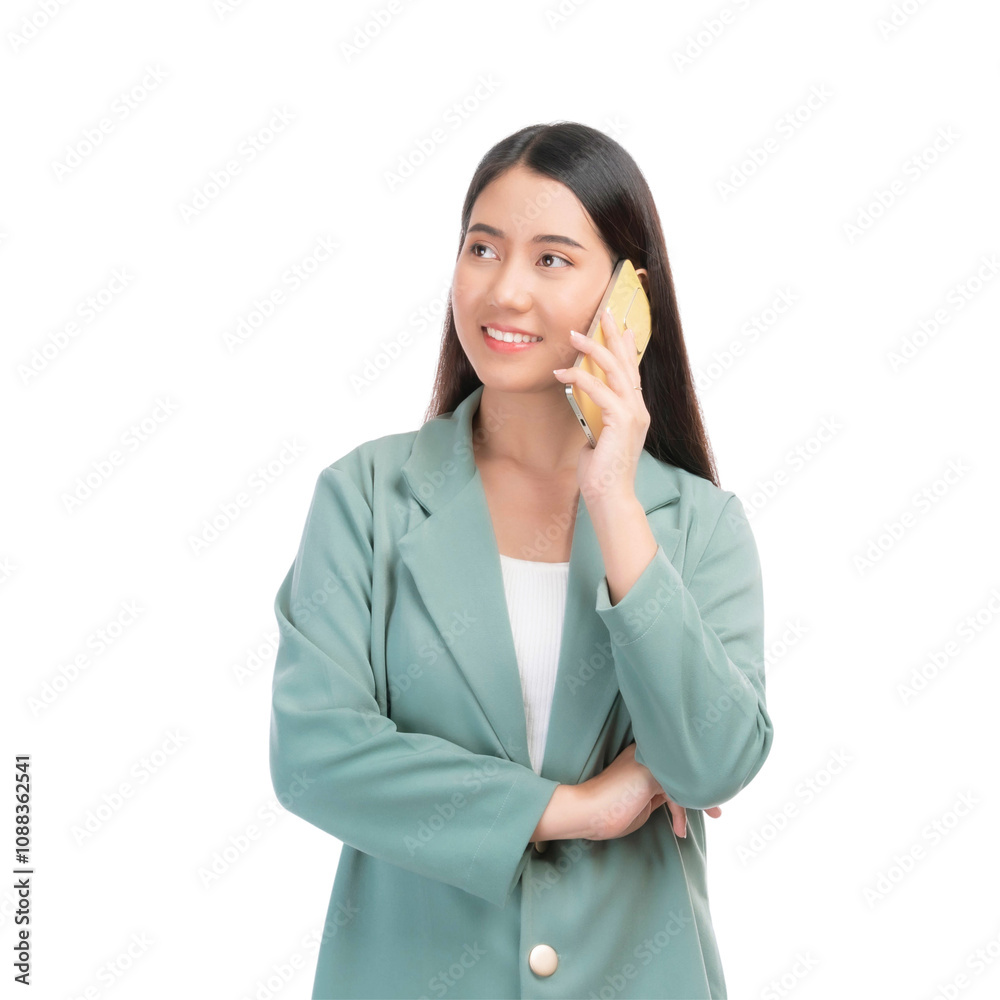 business woman , beautiful Asian girl with green suit using smart phone shopping online and online banking isolated on a transparent png background , business concept business woman , beautiful Asian girl with green suit using smart phone shopping online and online banking isolated on a transparent png background , business concept
