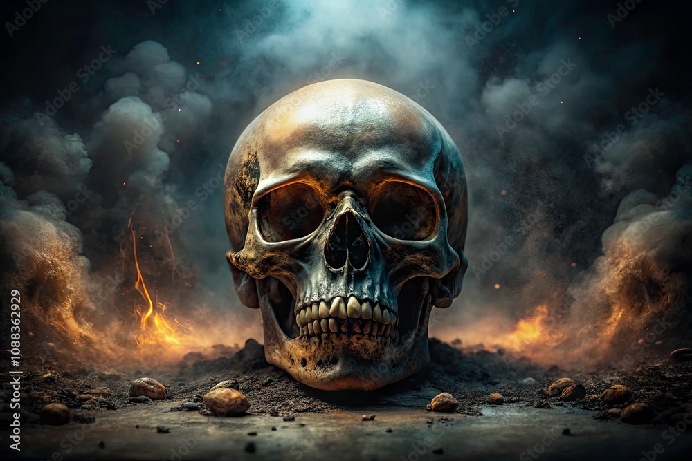 Fototapeta premium Gloomy Skull Conceptual Photography - Dark Aesthetic, Macabre Art, Surreal Imagery, Skull Symbolism, Eerie Atmosphere, Artistic Photography, Moody Lighting, Death, Mystery, Intriguing Visuals