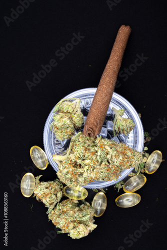 Medical cannabis buds are dried flowers used for therapeutic benefits, rich in THC, CBD, and terpenes. presented with CBD pills and prerolled blunt against black background. Vertical 