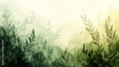 Abstract watercolor background with green leaves and yellow gradient.