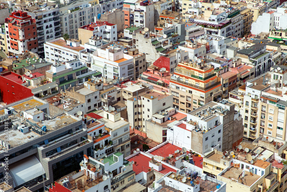 Aerial view of rooftops with antennas and solar panels in downtown Casablanca. Morocco Aerial view of rooftops with antennas and solar panels in downtown Casablanca. Morocco