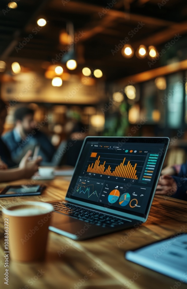 Open Laptop with Graphs on Business Meeting Table in Cafe Open Laptop with Graphs on Business Meeting Table in Cafe