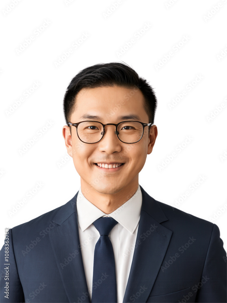 Close-up of Asian man in glasses, calm smile, direct gaze, transparent background. Close-up of Asian man in glasses, calm smile, direct gaze, transparent background.