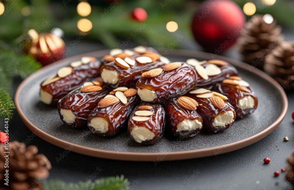 Christmas Plate of Dates with Cream Cheese and Almonds on Top Christmas Plate of Dates with Cream Cheese and Almonds on Top