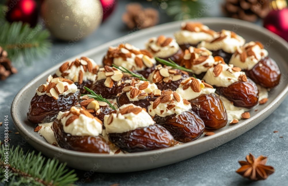 Christmas Plate of Dates with Cream Cheese and Almonds on Top Christmas Plate of Dates with Cream Cheese and Almonds on Top