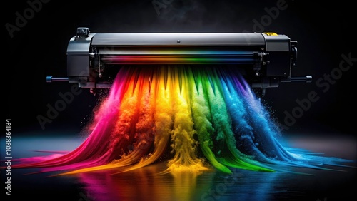 High-Quality Printer Head Emitting Vibrant Colors in Panoramic View on Black Background for Print Technology and Color Printing Enthusiasts