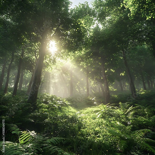 Morning sunlight breaking through dense forest canopy nature scene tranquil environment serene viewpoint photo