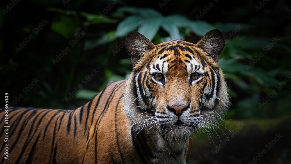 Close-up of a Sumatran tiger standing in the jungle, staring at the camera
Close-up of a Sumatran tiger standing in the jungle, staring at the camera
