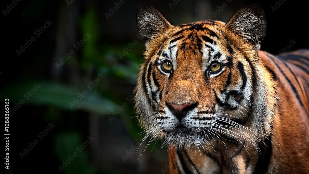 Sumatran tiger standing and looking at the camera with intense gaze
Sumatran tiger standing and looking at the camera with intense gaze