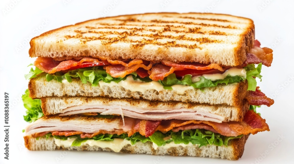 A classic club sandwich with layers of toasted bread, turkey, bacon A classic club sandwich with layers of toasted bread, turkey, bacon
