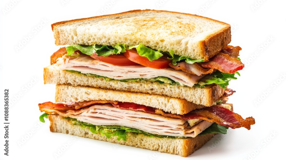 A classic club sandwich with layers of toasted bread, turkey, bacon A classic club sandwich with layers of toasted bread, turkey, bacon