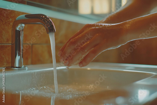 Person washing hands in sink, water running, soap bubbles, mirror reflection, hygiene practice in bathroom. photo