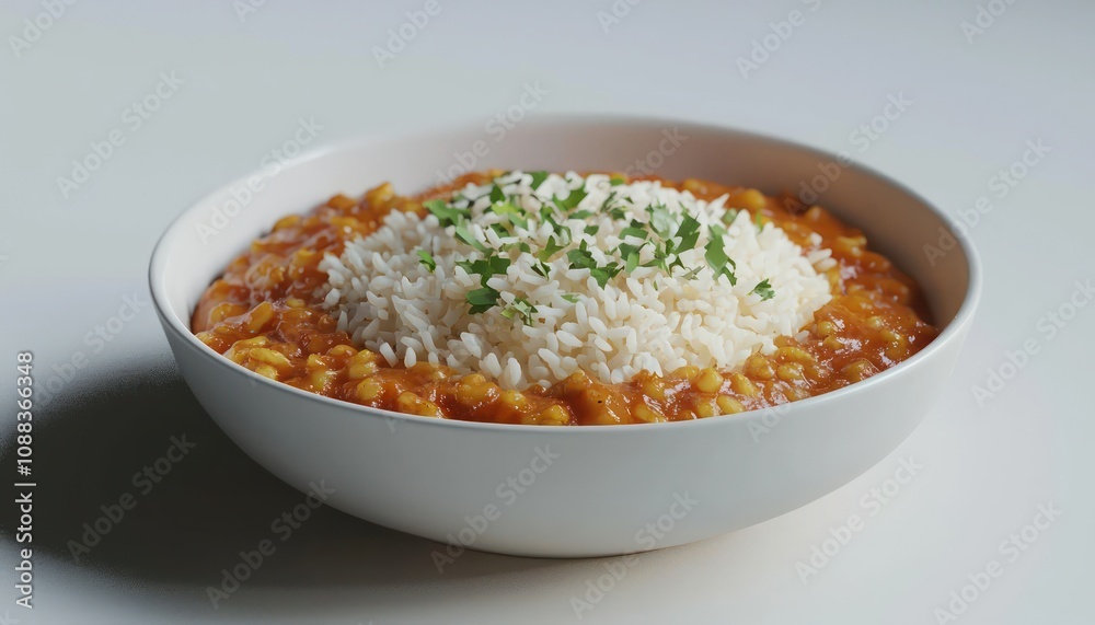 Artistic 3D representation of a dish of spicy curry rice, emphasizing exotic spices. Artistic 3D representation of a dish of spicy curry rice, emphasizing exotic spices.