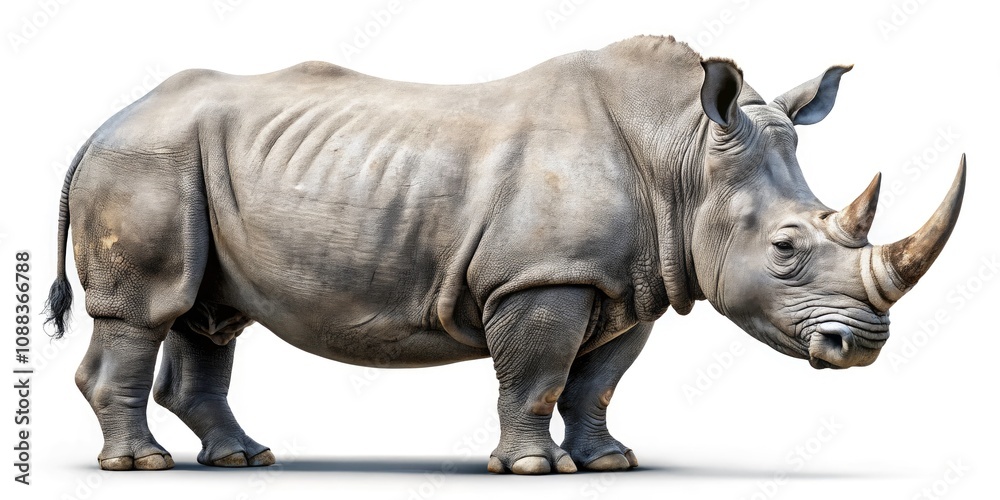 Obraz premium Majestic Rhino Isolated on Transparent Background for Architectural Photography, Stunning Wildlife Imagery, Nature Conservation, Endangered Species, Unique Animal Portraits, Rhinos in Focus