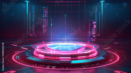 Horizontal abstract holograms with HUD interface. Blank cyberspace with futuristic elements. Circle elements Sci-fi podium for show product in cyberpunk style. 3D holograms HUD