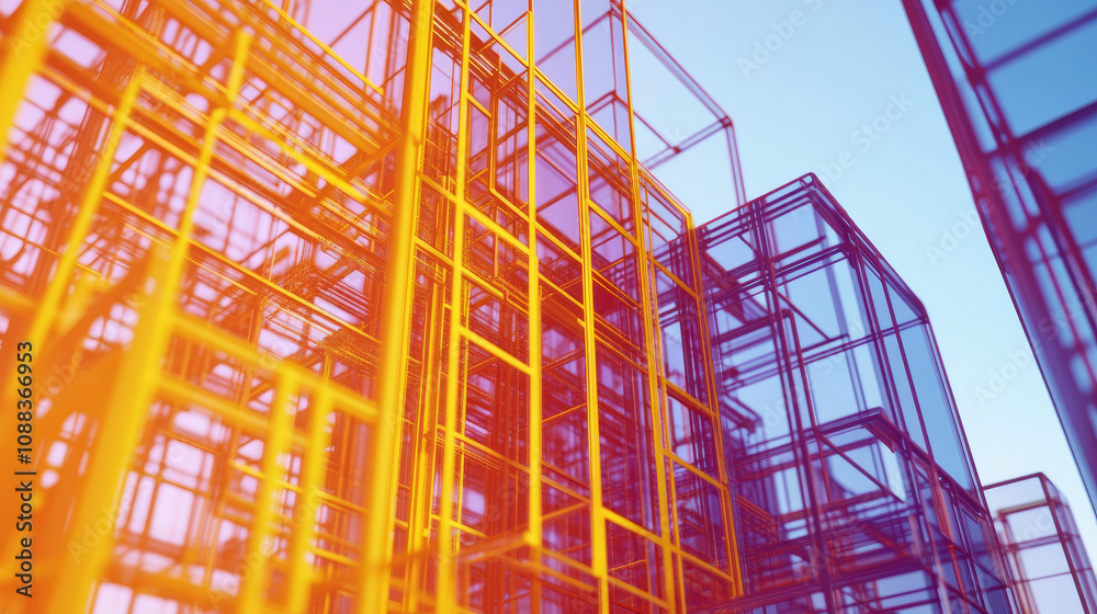 A looping 3D animation shows a business-themed wireframe structure. It's made of steel and is colored yellow, orange, and gold. A looping 3D animation shows a business-themed wireframe structure. It's made of steel and is colored yellow, orange, and gold.