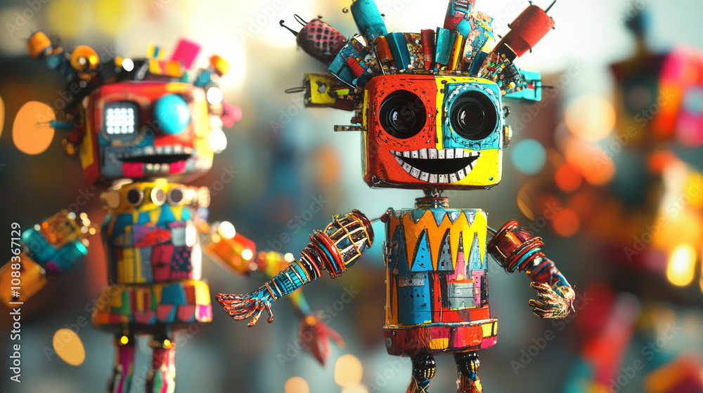 A looping 3D animation shows colorful puppets dancing to techno music. A looping 3D animation shows colorful puppets dancing to techno music.
