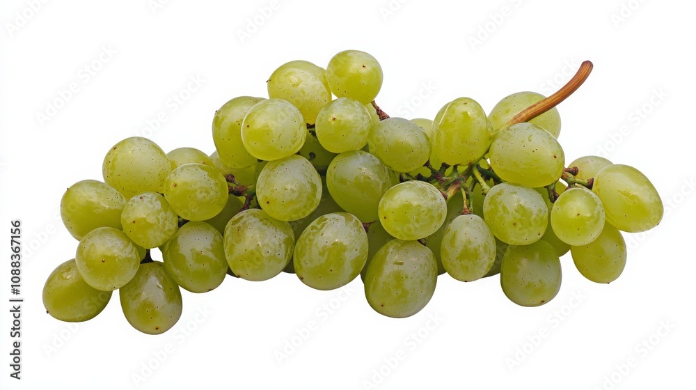 A cluster of fresh, green grapes still attached to their vine, Their crisp texture and juicy interiors awaiting discovery A cluster of fresh, green grapes still attached to their vine, Their crisp texture and juicy interiors awaiting discovery