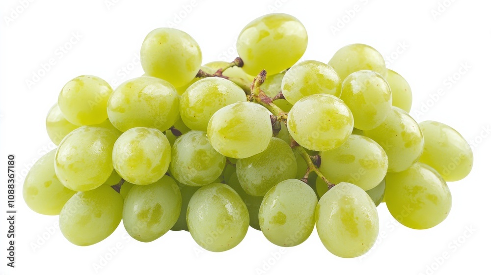 A cluster of fresh, green grapes still attached to their vine, Their crisp texture and juicy interiors awaiting discovery A cluster of fresh, green grapes still attached to their vine, Their crisp texture and juicy interiors awaiting discovery