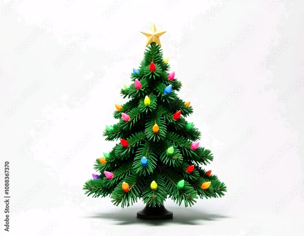 A colorful Christmas tree with green pine branches, red and blue ornaments, and a star on top, white background A colorful Christmas tree with green pine branches, red and blue ornaments, and a star on top, white background