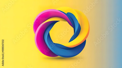 Abstract colorful 3D twisted ring shape on yellow gradient background.