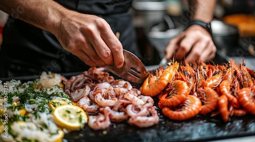 Chef preparing grilled seafood platter with shrimp and squid photo