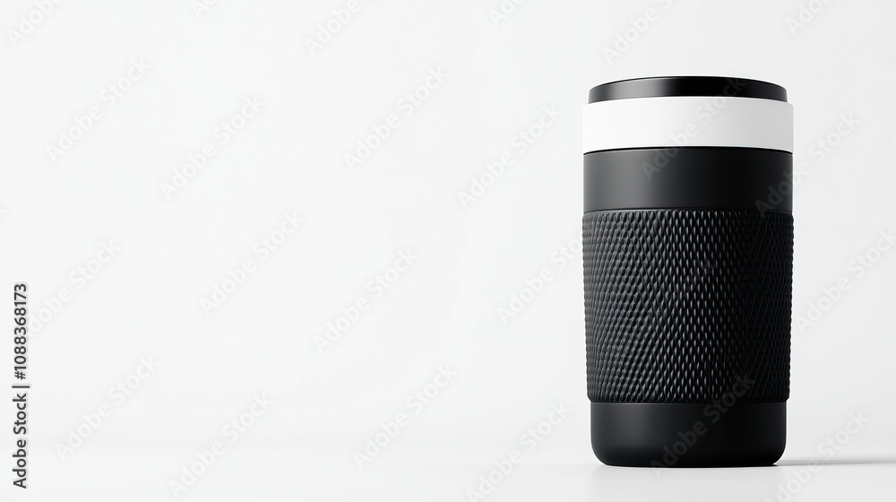 tumbler mockup and minimalist, A sleek, modern travel mug with a textured design, featuring a black body and white lid, set against a minimalistic white background. tumbler mockup and minimalist, A sleek, modern travel mug with a textured design, featuring a black body and white lid, set against a minimalistic white background.
