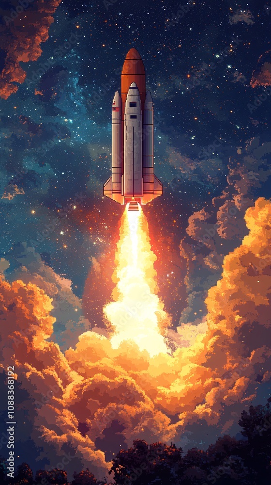 Fototapeta premium A space rocket launch in the desert, illustration style, digital art, high resolution, high detail, orange and blue tones, white clouds in background,