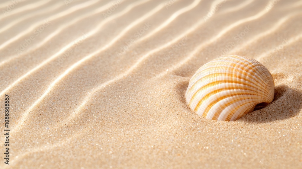 Seashell on sandy beach with sunlight Seashell on sandy beach with sunlight