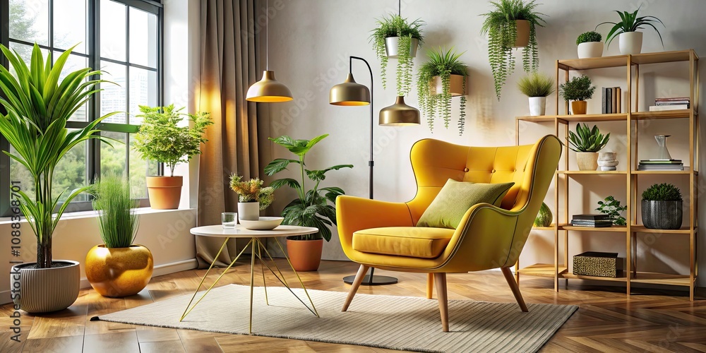 Fototapeta premium Modern Mustard Chair with Hairpin Legs and Side Table Aerial View - Stylish Home Decor Inspiration, Mid-Century Modern Furniture, Interior Design Trends, Cozy Living Spaces