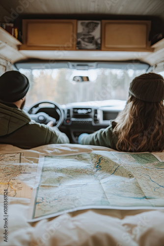 Van life couple planning their route with a map spread out on the bed photo