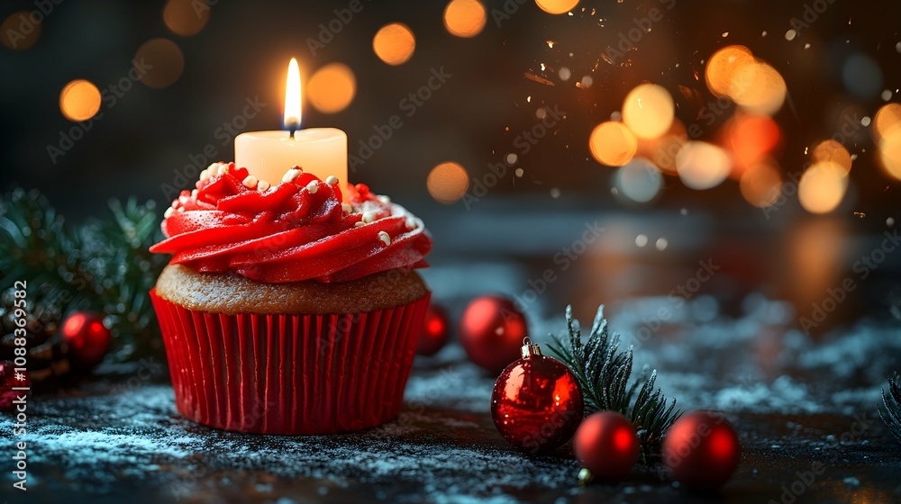 New Year cupcake decorate Christmas theme and lighted candle, with space above for text, Festive message, New Year wishes New Year cupcake decorate Christmas theme and lighted candle, with space above for text, Festive message, New Year wishes