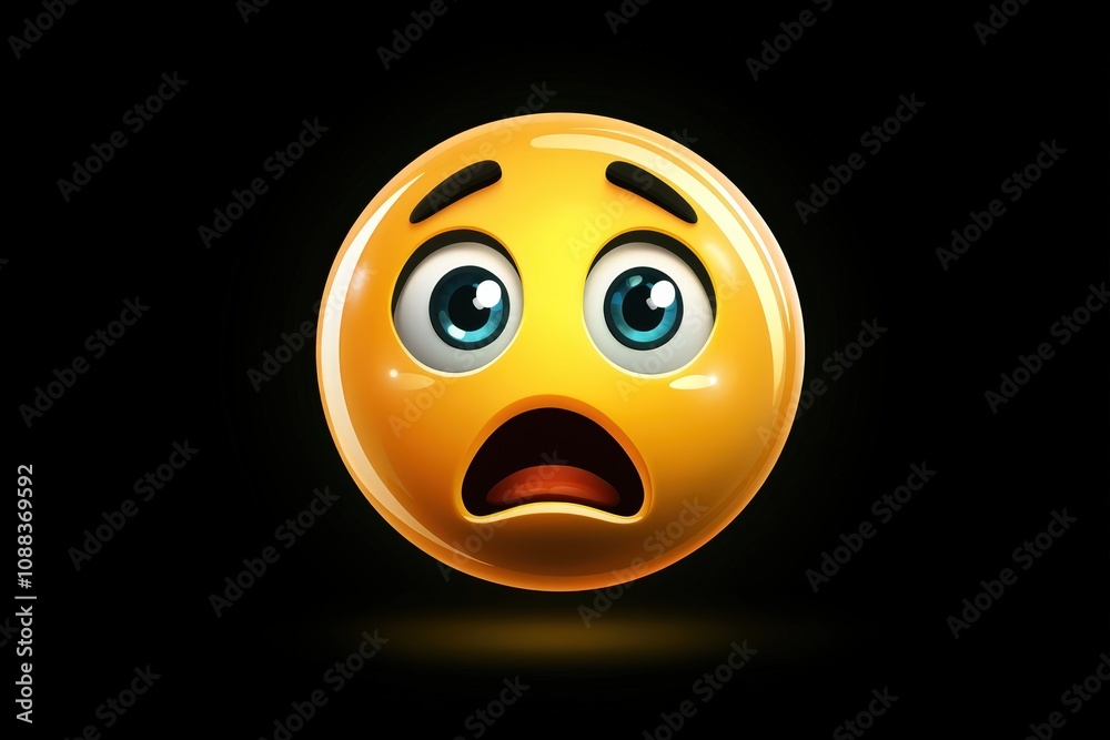 Fototapeta premium Confused Emoji with Raised Eyebrows and Tilted Mouth on Black Background.