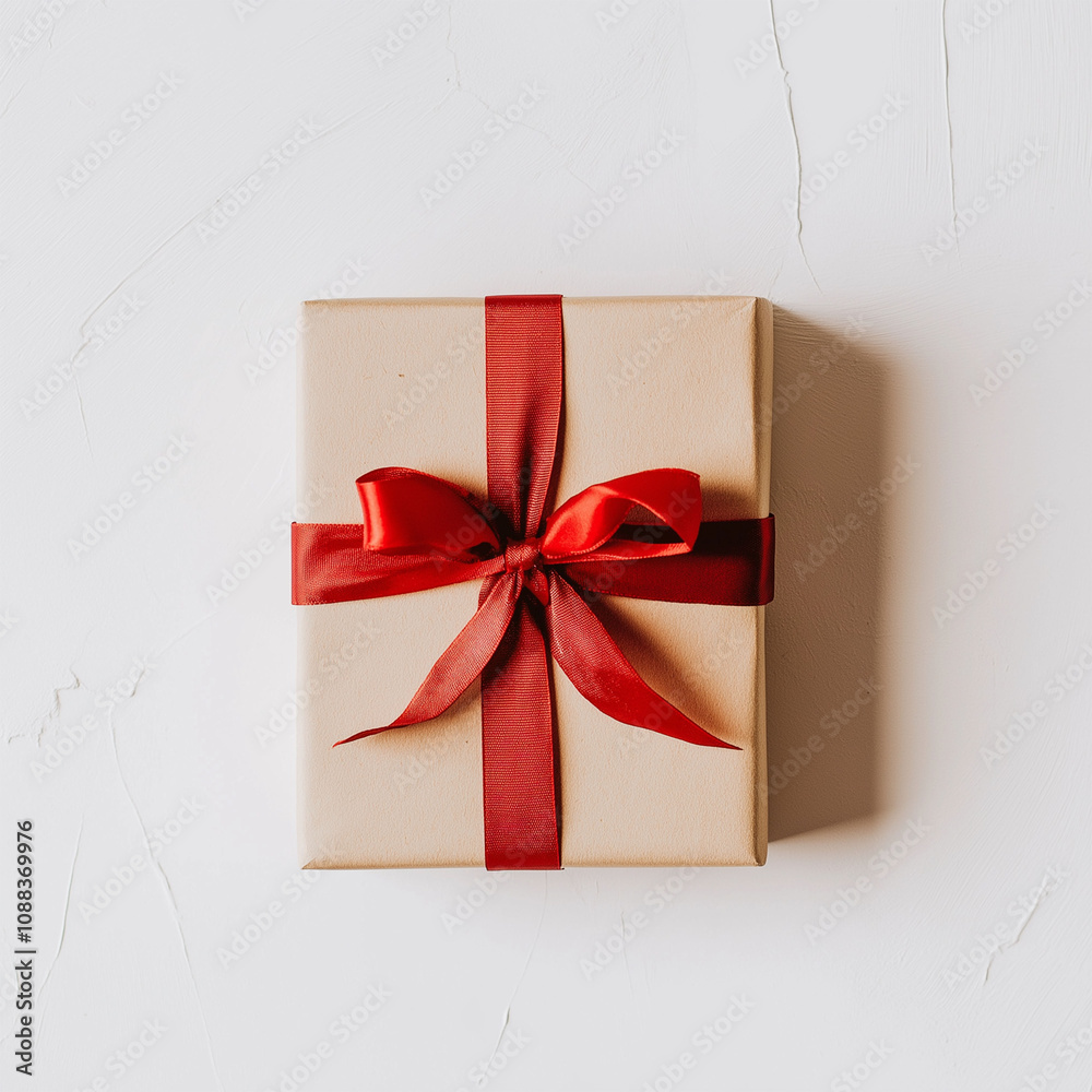 brown gift box with red ribbon on white background