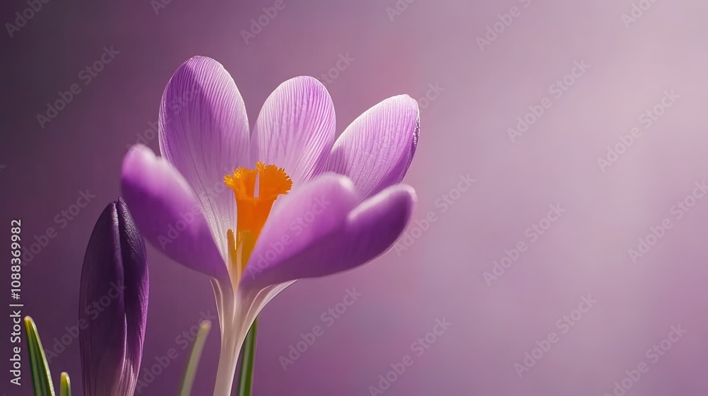 Close-up of a delicate purple crocus flower in bloom against a soft purple background. Close-up of a delicate purple crocus flower in bloom against a soft purple background.