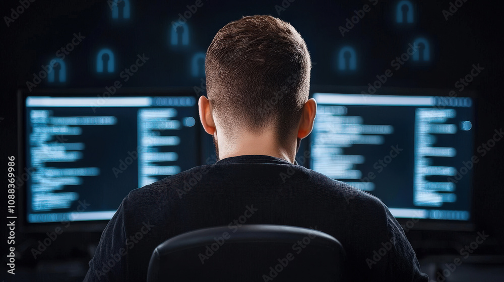 Cybersecurity professional analyzing data on multiple screens, focused on network security. environment is dark, highlighting screens with code and security icons Cybersecurity professional analyzing data on multiple screens, focused on network security. environment is dark, highlighting screens with code and security icons