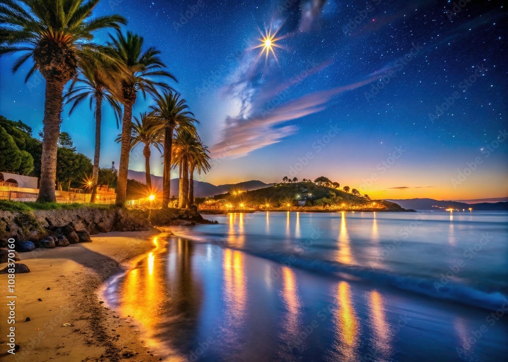 Obraz premium Night Photography of Silgar Beach in Sanxenxo - Vibrant Coastal Scene with Starry Sky and Reflections on Water, Perfect for Travel and Nature Enthusiasts