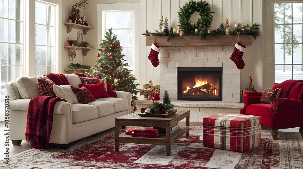 Fototapeta premium Cozy living room with festive decor, featuring a fireplace and a Christmas tree.